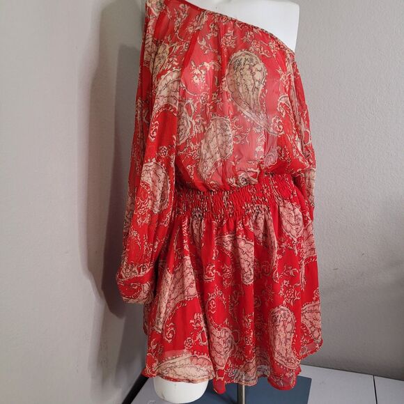 Zara Dresses & Skirts - Zara XS dress elastic waist lining sheer longsleeve button elastic waist red